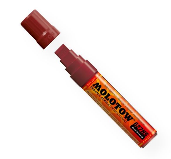 MOLOTOW M627204 Wide 15mm Tip Acrylic Pump Marker Burgundy; Premium, versatile acrylic-based hybrid paint markers that work on almost any surface for all techniques; Patented capillary system for the perfect paint flow coupled with the Flowmaster pump valve for active paint flow control makes these markers stand out against other brands; All markers have refillable tanks with mixing balls; EAN 4250397601144 (MOLOTOWM627204 MOLOTOW-M627204 MARKER DRAWING)