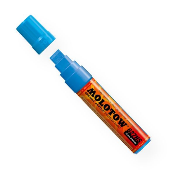 MOLOTOW M627205 Wide 15mm Tip Acrylic Pump Marker Shock Blue Middle; Premium, versatile acrylic-based hybrid paint markers that work on almost any surface for all techniques; Patented capillary system for the perfect paint flow coupled with the Flowmaster pump valve for active paint flow control makes these markers stand out against other brands; All markers have refillable tanks with mixing balls; EAN 4250397601151 (MOLOTOWM627205 MOLOTOW-M627205 MARKER DRAWING)