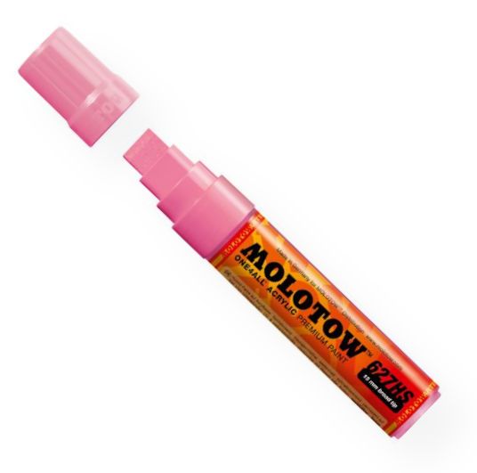 MOLOTOW M627208 Wide 15mm Tip Acrylic Pump Marker Neon Pink; Premium, versatile acrylic-based hybrid paint markers that work on almost any surface for all techniques; Patented capillary system for the perfect paint flow coupled with the Flowmaster pump valve for active paint flow control makes these markers stand out against other brands; All markers have refillable tanks with mixing balls; EAN 4250397601182 (MOLOTOWM627208 MOLOTOW-M627208 MARKER DRAWING)