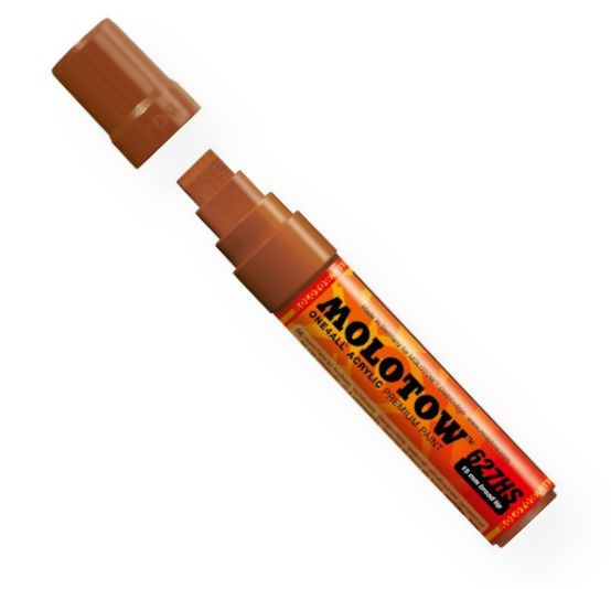 MOLOTOW M627210 Wide 15mm Tip Acrylic Pump Marker Hazelnut Brown; Premium, versatile acrylic-based hybrid paint markers that work on almost any surface for all techniques; Patented capillary system for the perfect paint flow coupled with the Flowmaster pump valve for active paint flow control makes these markers stand out against other brands; All markers have refillable tanks with mixing balls; EAN 4250397601205 (MOLOTOWM627210 MOLOTOW-M627210 MARKER DRAWING)