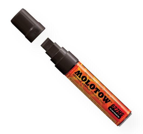 MOLOTOW M627212 Wide 15mm Tip Acrylic Pump Marker Signal Black; Premium, versatile acrylic-based hybrid paint markers that work on almost any surface for all techniques; Patented capillary system for the perfect paint flow coupled with the Flowmaster pump valve for active paint flow control makes these markers stand out against other brands; All markers have refillable tanks with mixing balls; EAN 4250397601229 (MOLOTOWM627212 MOLOTOW-M627212 MARKER DRAWING)