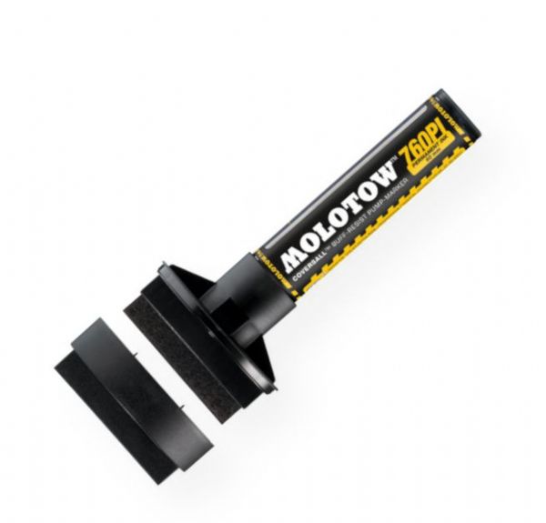 MOLOTOW M760000 Masterpiece 60mm Tip Pump Marker; Permanent black ink provides high coverage that is quick-drying and UV, abrasion, and weather-resistant; Perfect for indoor and outdoor use; Coversall is an alcohol-based ink with synthetic bitumen and a visco-plastic coating; ; Shipping Weight 0.16 lb; Shipping Dimensions 6.25 x 0.75 x 2.75 in; EAN 4250397603230 (MOLOTOWM760000 MOLOTOW-M760000 MARKER ARTWORK)