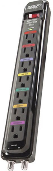 Monster MON121706 model AV-625 Power Audio Video PowerCenter, 1080 Joules Surge Energy Rating, 7 x 3-Prong AC Outlets, 2 x Low-Loss Coax Connectors Connectors, 7 surge-protected AC outlets with patented color coding and matching cord labels for easy hookup, A pair of low-loss protected coax connectors are provided for cable/antenna hookups, UPC 050644575792 (MON121706 MON-121706 MON 121706 AV625 AV-625 AV 625)