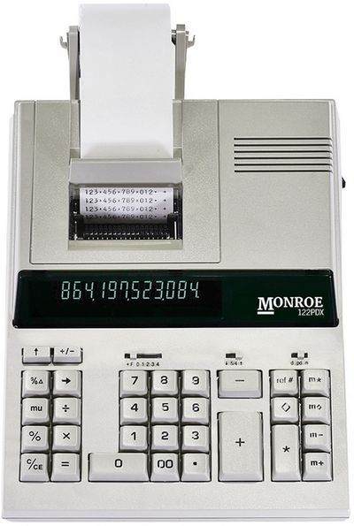 Monroe 122PDX Monroe 122PDX Calculator; Print speed of 4.3 lines per second; Large 12-digit display with 12.5mm digit height; Cupped numeric keypad with a layout similar to heavy-duty models; Slide switch to select running subtotal or grand total; Non-add/date function allows you to print a reference number or date; Dimensions, 11 x 8 x 2.8 in; Weight, 5 Lbs; UPC 765148631225 (MONROE122PDX MONROE 122PDX MONROE 122 PDX MONROE-122PDX MONROE-122-PDX MONROE 122-PDX MONROE-122 PDX)