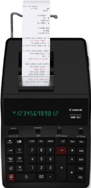 Canon MP25-MG Green Concept Two-Color Ribbon Printing Calculator, 12 digits, Extra large, florescent tube display, Two color Ink ribbon printer, Positive numbers - Black / Negative numbers - Red, Uses standard 2.25 width paper rolls, 4.3 lines per second, Shell made of 100% recycled plastic, Anti-microbial plastic keys, Decimal point system, Rounding up/off/down, Convenient 00 & 000 keys, UPC 013803126327 (MP25MG MP25-MG MP25 MG)