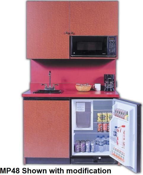 Acme Kitchenettes  MP48 Compact Kitchen, Sink, Refrigerator, Built-in Icemaker, Refrigerator with built-in icemaker, Produces 22lbs of ice per day, Single lever faucet, Sink, Laminate Countertop, Base is constructed of thermal fused melamine on particleboard, Laminate Countertop, 14