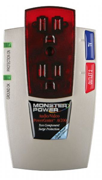 Monster 109345 model MP-AV200 Audio Video PowerCenter AV 200 with Clean Power Stage 1 v.2.0, Maximum 1110 joule surge protection for both AC power outlets, Audible surge alarm and visual indicator alerts you to protection status, Protects internet/fax/modem line from damaging pulses and discharges caused from surge pulses, UPC 050644253133 (MP AV 200 MP-AV-200 MPAV200 109345)