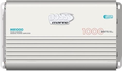 Boss Audio MR1000 Marine MOSFET 4-Channel Class A/B Power Amplifier, 1000 Watts Total Power, Max Power @ 2 Ohms 250 Watts x 4, Max Bridged Power @ 4 Ohms 500 Watts x 2, RMS Power @ 4 Ohms 100 Watts x 4, Frequency Response 6 to 50000 Hz, Total Harmonic Distortion (THD) @ RMS Output 0.01%, Signal-to-Noise Ratio (SNR) 102 dB, UPC 791489108836 (MR-1000 MR 1000)