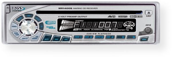 Boss Audio MR1400S Marine In-Dash CD/AM/FM Receiver, Silver, 240 Watts Total Output Power, Single DIN Chassis Mounting, Detachable Front Panel, Active Black Mask Monitor Display, PLL Synthesized AM/FM Tuner, 6 AM Stations, 18 FM Stations, Switchable Radio Regions (USA, EUROPE, ASIA), Front panel AUX Input, UPC 791489105156 (MR-1400S MR 1400S MR1400)