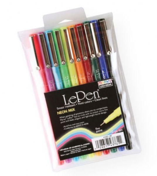 Marvy MR4300-10F LePen Fineline Markers Neon Mix; MARVY LePen Fineline Markers sleek and stylish slim barrel has a smooth writing 7 mm microfine plastic point; Lengthy write-out in vibrant dye-based ink colors; Acid-free and non-toxic; 10 Markers; Shipping Weight 0.02 lb; Shipping Dimensions 0.75 x 0.75 x 5.75 in; UPC 028617437811 (MARVYMR430010F MARVY-MR430010F LEPEN-MR4300-10F MARVY-MR4300-10F MR430010F MARKER ARTWORK)