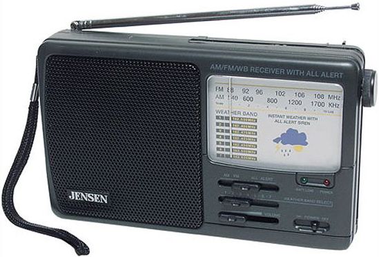 Jensen MR-600 AM/FM Weather Band Radio with Storm Alert, Power Indicator, Battery Low Indicator, Storm Alert Alarm, Rotary Telescopic Antenna, Headphone Jack, Carrying Strap, Black Color, 4 x 'AA'/UM-3 Power, AC Adaptor Included (MR600  MR 600  MR-600  M-R-600)