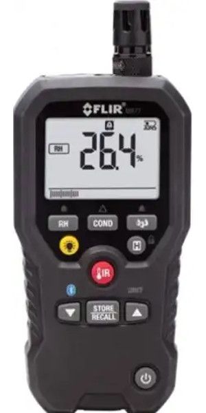 FLIR MR77-NISTL Pin-less Moisture Psychrometer with NIST Certificate Calibration includes Traceable Certificate; NIST Traceale (Limited); Field Replaceable Temperature and Relative Humidity Sensor; Integrated IR Thermometer provides fast non-contact surface temperature measurements; Remote pin-type probe (included) allows for contact moisture readings; UPC: 793950372777 (FLIRMR77NISTL FLIR MR77-NISTL PIN-LESS PSYCOMETER)
