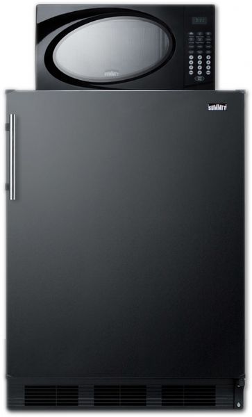 Summit MRF663B Compact Refrigerator-Freezer-Microwave Unit with Dual Evaporator Cooling, Black; 5.1 cu.ft. Capacity; RHD Right Hand Door Swing; Cycle defrost refrigerator-freezer made in Europe with cold wall interior, adjustable glass shelves, door storage, crisper, and a scalloped bottle shelf; Touchpad mid-sized microwave with one-touch cook options and variable controls (MRF-663B MRF 663B MR-F663B MRF663)