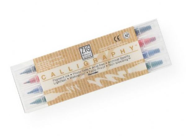 Zig MS-3400/4V Calligraphy Marker 4-Color Set; Each double-ended marker has a narrow tip (2mm) and broad tip (5mm); Use for making beautiful calligraphy letters and borders; Water-based pigment ink is photo-safe, lightfast, odorless, xylene and acid-free; Set includes 4 markers: Pure Black, Pure Red, Pure Blue, Pure Green; Colors subject to change; Shipping Weight 0.12 lb; UPC 847340003328 (ZIGMS34004V ZIG-MS34004V ZIG-MS-3400/4V ZIG/MS/3400/4V MS34004V CALLYGRAPHY MARKER ARTWORK)