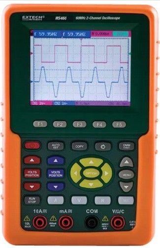 Extech MS460 Dual-Channel Digital Oscilloscope, 60MHz bandwidth, Auto-set function optimizes the position, range, timebase, and triggering to assure a stable display of virtually any waveform, Peak Detect function for 50ns glitch capture, 3.8
