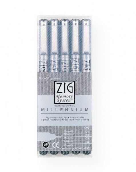 Zig MS/5VB Memory System-Millennium 5-Piece Pen Set Black; Featuring archival quality pigment ink with acid-free, lightfast, waterproof, fadeproof, and non-bleeding qualities; Set includes black pens in 5 sizes: .005 tip, .01 tip, .3mm, .03 tip, .05 tip, .08 tip; Contents subject to change; Shipping Weight 0.13 lb; Shipping Dimensions 2.00 x 0.67 x 0.83 in; UPC 015586475180 (ZIGMS5VB ZIG-MS5VB MEMORY-SYSTEM-MILLENNIUM-MS/5VB ZIG/MS5VB MS5VB OFFICE ARTWORK CRAFT)