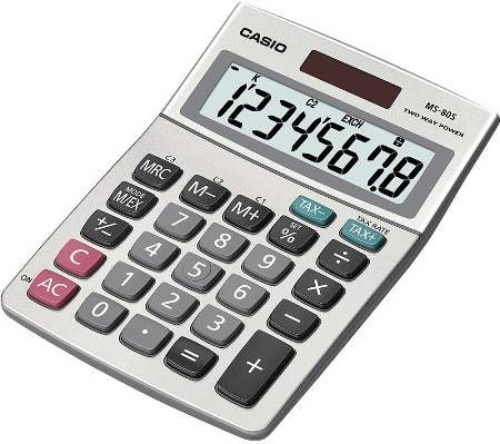 Casio MS-80S Basic Calculator; 8-Digits (16-digit approximations); Tax & Currency Exchange function; Silver-metallic finish; Large easy-to-ready Big Display; Constants for +, -, x, ; Independent memory; Mark-up percent, +/-; 3-digit comma markers; Solar Plus with battery back-up; Dimensions (HxWxL) 1-1/4