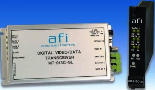 American Fibertek MT913CSL Single Channel Digital Video System with Three Bi-Directional Multi-Protocol Data Channel, 75 Ohms I/O Impedance, 7 MHz Bandwidth, 2% Differential Gain, 65 dB SNR - Unified Weighted, BNC Connector, Asynchronous, Serial Data Format, DC to 115 Kbs Data Rate, 5 Pin Screw Terminals Connector, 1310/1550nm Wavelength, 21 dB Loss Budget - 9/125μ, FC Connector (MT913CSL MT-913-CSL MT 913 CSL)