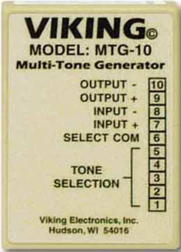 Viking Electronics MTG-10 Generate Multiple Tones for Any Paging System, Input Impedance 600 ohms, Output Capable of driving 600 to 100K ohms impedance, Maximum Output Level +5dbm into 600 ohms, 10 position cage clamp terminal strip connection, Siren, Interrupted 784Hz Tone, Door Chime (Ding-Dong), Warble (Electronic Ring), Double Gong, UPC 615687221589 (MTG10 MTG 10 MT-G10)