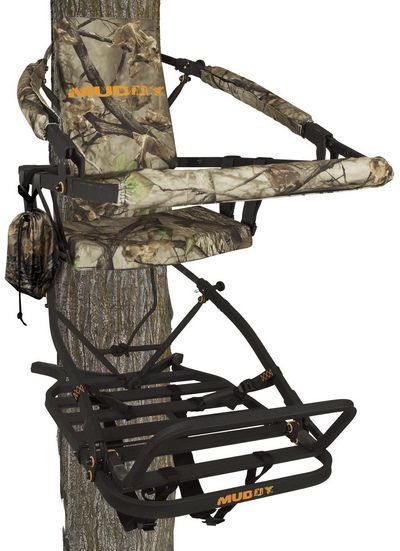 Muddy MCL300-A The Woodsman Climber; Non-slip slats on foot platform; Flip-back foot rest; Rubber coated foot straps; Padded, sling-style seat for comfort; Padded backrest; Accessory bag included; Backpack straps included; Hybrid mounting system (hybrid ms), flexible like a cable. Strong like a chain; Spring-loaded pin for quick, easy chain adjustments; Weight, 33.4 Lbs; UPC 813094022298 (MUDDYMCL300A MUDDY MCL300-A MUDDY MCL300 A MUDDY-MCL300-A MUDDY-MCL300 A)