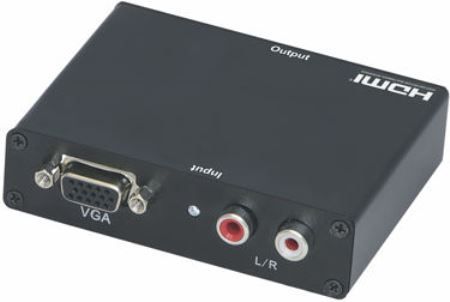 Seco-Larm MVA-VH01Q ENFORCER VGA & Stereo to HDMI Converter, VGA input (plus stereo audio) to HDMI signal, Allows display from a VGA source (computer) on an HDMI monitor, Input: VGA connector and dual stereo audio RCA jacks (red/right, white/left), Output: HDMI jack, HDCP pass-through, 5VDC Power adapter (included), Up to 1280x1024@60Hz/75Hz (MVAVH01Q MVA VH01Q) 