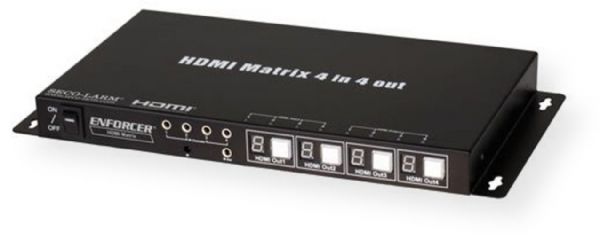 Seco-Larm MVM-AH44-01YQ ENFORCER HDMI Matrix; 4 HDMI Inputs and 4 HDMI outputs - each of the four HDMI displays connected to the matrix can display any of the four sources connected to the matrix; Supports up to 1080p resolution and 3D; Individual status LEDs for each HDMI input and output; RS-232 Control; Input video signal 5.0Vp-p (MVMAH4401YQ MVMAH44-01YQ MVM-AH4401YQ) 