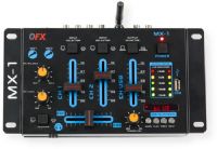 QFX  MX-1 Professional 2 Channel Mixer; Black; 2x ¼” Microphone Input; Microphone Balance; Microphone Level; Microphone TalkOver; Phono Line Switch; Mono Stereo; Output Switch; MP3 input; 2x RCA Input; GND Connection; RCA Output; Headphone Jack (PFL Signal); Headphone Level; LED display; Ch1, Ch2 Crossfader; UPC 606540033333 (MX1 MX-1 MX-1MIXER MX1-MIXER MX1QFX MX1-QFX)  