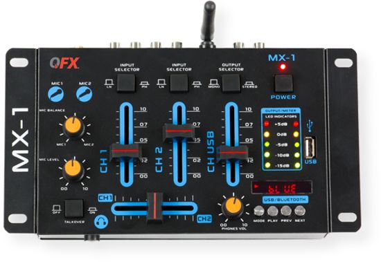 QFX  MX-1 Professional 2 Channel Mixer; Black; 2x  Microphone Input; Microphone Balance; Microphone Level; Microphone TalkOver; Phono Line Switch; Mono Stereo; Output Switch; MP3 input; 2x RCA Input; GND Connection; RCA Output; Headphone Jack (PFL Signal); Headphone Level; LED display; Ch1, Ch2 Crossfader; UPC 606540033333 (MX1 MX-1 MX-1MIXER MX1-MIXER MX1QFX MX1-QFX) 