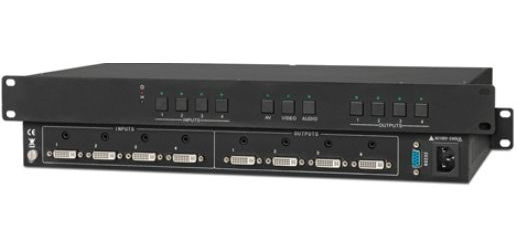 KanexPro MXDV44A Video Conversion & Connectivity, Switch four DVI/HDMI signals between multiple sources and displays, Supports bandwidth up to 10.2 Gbps, Built-in EDID & HDCP internal management, HDCP complaint, Supports DDC transmission, Automatic gain compensation and equalization up to 100ft - 30m, Audio breakaway switching for corresponding video, 3.5mm stereo audio jack for each input/ output, UPC 814556013922 (MXDV44A MXDV-44A MXDV 44A)