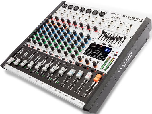 Marantz Professional Sound Live 12 Twelve-Channel and 2-Bus Tabletop Mixer; 7 XLR inputs with Marantz Professional mic preamps; Dynamic compression (Channels 1-4); 3-band EQ plus 2 aux sends per channel; 60mm faders with mute switch and LED meters; USB audio connectivity with level control; 100 studio-grade digital effects; Balanced XLR, balanced/unbalanced 1/4