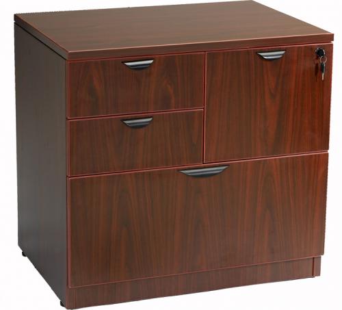 Boss Office Products N114-M Combo Lateral File, Mahogany 312, The combo lateral file features a lateral file drawer a two box drawers and a file drawer that locks along with the lateral drawer, It can be used either free standing or under a desk shell, Floor glides allow for minimal leveling on uneven flooring surfaces, It is finished in Mahogany laminate, Dimension 31 W x 22 D x 29 H in, Frame Color Mahogany, Wt. Capacity (lbs) 250, Item Weight 162 lbs, UPC 751118211412 (N114M N114-M N114-M)