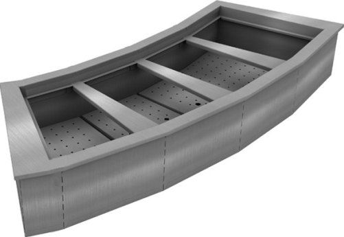 Delfield N8076-R Four Pan Curved Drop-In Ice Cooled Food Well, Fits 4 standard full size food pans, Drop In Installation, Stainless Steel Material, Curved Style, Ice cooled design, requires no electricity or water connections, 18 gauge stainless steel top with 22 gauge stainless steel liner, Perforated, removable false bottom with 1