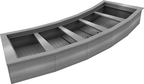 Delfield N8094-R Five Pan Curved Drop-In Ice Cooled Food Well, Fits 5 standard full size food pans, Drop In Installation, Stainless Steel Material, Curved Style, Ice cooled design, requires no electricity or water connections, 18 gauge stainless steel top with 22 gauge stainless steel liner, Perforated, removable false bottom with 1