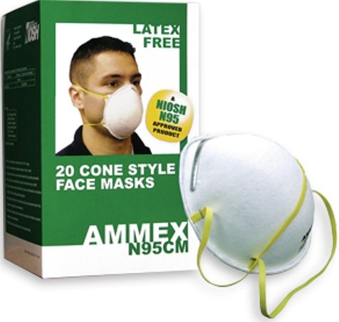 Ammex N95CM Cone Style Face Mask, Box of 20, Once size fits most, N95 Rated, NIOSH N95 Approved, Latex Free, Fiberglass Free, 3-ply polyester and melt blown filter, Adjustable aluminum nose guard with Foam Pad, Dual elastic headbands, Particulate filtration efficiency at 95%, UPC 397383922488 (N95CM N-95CM N 95CM N95-CM N95 CM)