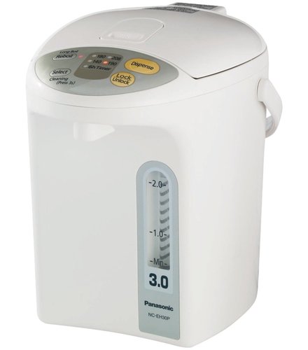 Panasonic NC-EH30PC Electric Thermo Pot, 3.2 qts, White w/Silver Trim Color; Binchotan Non-Stick Coated Interior; Pushbutton Lid Cover; Recessed Pushbutton Dispenser; Water Boil or Keep Warm Operation; 6 Hr. Energy Saving Timer; Indicator Light(s); Gray LED Control Panel; 360 Degree Rotating Base; Steam Vent; 120 AC; 60Hz. Supply; 8-9/16 x 11-5/16 x 12- 7/8 DIMENSIONS W x D x H (inches); 4.6 WEIGHT; UPC 037988959518 (NCEH30PC NC-EH30PC)