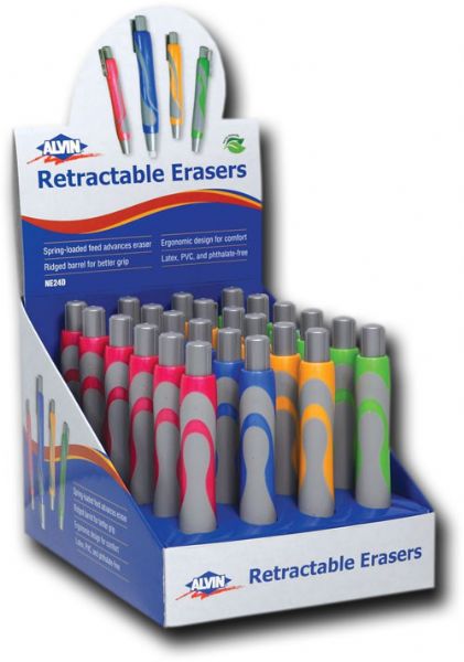Alvin NE24D Retractable Eraser Display/24; Refillable; Includes 24 pieces; Lead, PVC, and phthalate free; Includes barrel plus two erasers; Spring-loaded feed advances eraser through ridged barrel; The type is manual; Dimensions 7