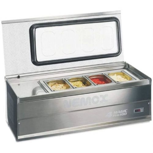 Nemox 36101 Pro 100 Gelato Display and Dipping Case, 4-Magic, 4 Pans Of 2.5 Quart Capacity, Stainless Steel Brushed Finish; Storage area: 4 x 2.75 qtr., 2.5L stainless steel pans; Total product capacity: 10.6 qtr. – 10L; Operating temperature: 10 to 0 degrees fahrenheit; Power: 300W-120V/60hz., 1 phase; Ventilated evaporator and condenser; LED display electronic thermostat; Manual defrost; UPC: 725182361014 (NEMOX36101 NEMOX 36101 GELATO ICE CREAM CASE) 