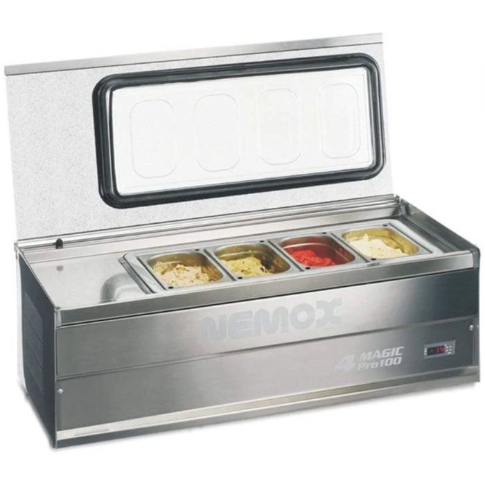 Nemox 36101 Pro 100 Gelato Display and Dipping Case, 4-Magic, 4 Pans Of 2.5 Quart Capacity, Stainless Steel Brushed Finish; Storage area: 4 x 2.75 qtr., 2.5L stainless steel pans; Total product capacity: 10.6 qtr.  10L; Operating temperature: 10 to 0 degrees fahrenheit; Power: 300W-120V/60hz., 1 phase; Ventilated evaporator and condenser; LED display electronic thermostat; Manual defrost; UPC: 725182361014 (NEMOX36101 NEMOX 36101 GELATO ICE CREAM CASE)
