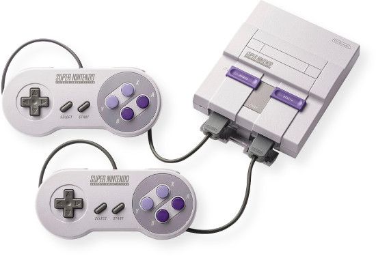 Nintendo 105956 Super NES Classic System With 21 Games; Gray; The system features HDMI display output and two controller ports, two wired SNES controllers are bundled with the system; The controller ports are hidden behind a faux front flap which is designed to appear like the original Super NES controller ports; UPC 045496590758 (SUPER NES MINISNES NESCLVSSNSG NES CLV SSNSG NES-CLVSSNSG NES-CLVSS-NSG)