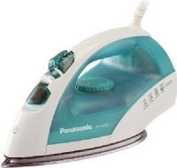 Panasonic NI-E665S Steam Circulating Iron with Curved, White with Blue; Glide through any job with a curved, non-stick stainless-steel soleplate; Bulit-in water tank; 7.1 oz water tank capacity; Fixed dial with rotating indicator temperature control; Apply the perfect level of steam with adjustable settings; UPC 885170217959 (NIE665S NI E665S NIE-665S NI-E665) 