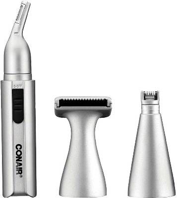 Conair NT1R Nose, Ear & Eyebrow Trimmer; Powerful, easy-to-use angled cutting system; Rinseable head; Also includes neckline, bikini line, and sideburn detail trimmer; Storage pouch; Requires 1 AA battery (not included); UPC 074108244000 (NT-1R NT 1R NT1-R)