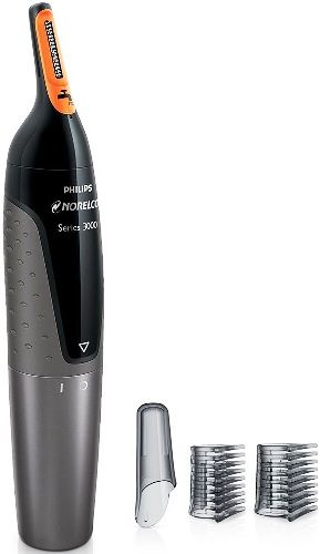 Norelco NT3355 Series 3300 Nosetrimmer, Advanced ProtecTube technology with innovative guard system, Perfectly angled for easy reach inside ear or nose, Ultra precise & sharp cutting slots for a perfect trim, Soft-touch rubber grip for maximum control, Fully washable, Lithium AA battery included, 3 and 5mm (1/8