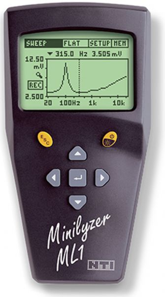 NTI Audio 600000011 Model ML1 Minilyzer Professional Audio Analyzer, Black Matte Color; RMS, Rel, SPL, LEQ Level; THD+N, 2nd to 5th Harmonics; Frequency and Time Sweeps; Scope, vu+PPM, Polarity; Balanced and Unbalanced Input; High Accuracy which is more or less 0.1dB; 1/3rd Octave; Induction Loop Measurements AFILS; Dimensions 6.4