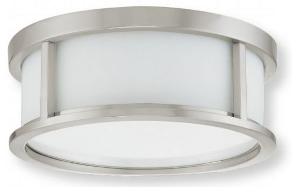 Satco NUVO 60-2859 Two-Light, Small Flush Mount Ceiling Light in Brushed Nickel Finish, Satin White Glass Shades, Odeon Collection; 120 Volts, 60 Watts; Incandescent lamp type; Type A19 Bulb; Bulb not included; UL Listed; Damp Location Safety Rating; Dimensions Height 17 Inches X Width 4.875 Inches; Weight 4.00 Pounds; UPC 045923628597 (SATCO NUVO602859 SATCO NUVO60-2859 SATCONUVO 60-2859 SATCONUVO60-2859 SATCO NUVO 602859 SATCO NUVO 60 2859)