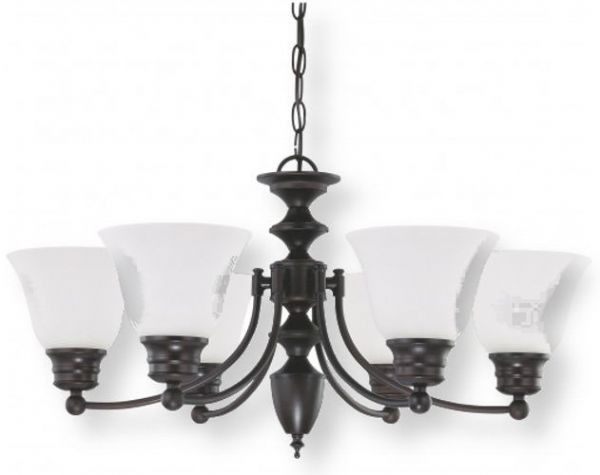 Satco NUVO 60-3169 Six-Light Mahogany Bronze Chandelier with Frosted White Glass Shades, Empire Collection; 120 Volts, 60 Watts; Incandescent lamp type; Type A19 Bulb; Bulb not included; UL Listed; Dry Location Safety Rating; Dimensions Height 14 Inches X Width 26 Inches; 48 Inch Chain; Weight 9.00 Pounds; UPC 045923631696 (SATCO NUVO603169 SATCO NUVO60-3169 SATCONUVO 60-3169 SATCONUVO60-3169 SATCO NUVO 603169 SATCO NUVO 60 3169)