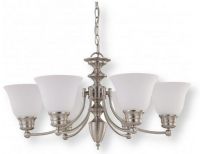 Satco NUVO 60-3255 Six-Light Chandelier in Brushed Nickel Finish with Frosted White Glass Shades, Empire Collection; 120 Volts, 60 Watts; Incandescent lamp type; Type A19 Bulb; Bulb not included; UL Listed; Dry Location Safety Rating; Dimensions Height 14 Inches X Width 26 Inches; 48 Inch Chain; Weight 9.00 Pounds; UPC 045923632556 (SATCO NUVO603255 SATCO NUVO60-3255 SATCONUVO 60-3255 SATCONUVO60-3255 SATCO NUVO 603255 SATCO NUVO 60 3255) 