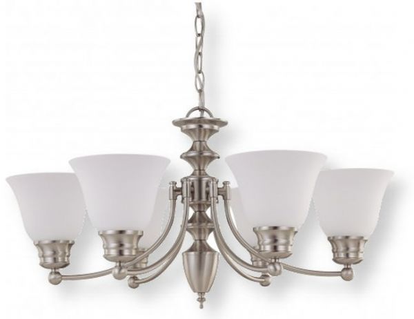 Satco NUVO 60-3255 Six-Light Chandelier in Brushed Nickel Finish with Frosted White Glass Shades, Empire Collection; 120 Volts, 60 Watts; Incandescent lamp type; Type A19 Bulb; Bulb not included; UL Listed; Dry Location Safety Rating; Dimensions Height 14 Inches X Width 26 Inches; 48 Inch Chain; Weight 9.00 Pounds; UPC 045923632556 (SATCO NUVO603255 SATCO NUVO60-3255 SATCONUVO 60-3255 SATCONUVO60-3255 SATCO NUVO 603255 SATCO NUVO 60 3255)