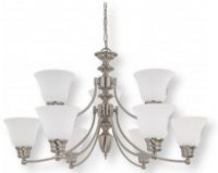 Satco NUVO 60-3256 Nine-Light Two-Tier Chandelier in Brushed Nickel Finish with Frosted White Glass Shades, Empire Collection; 120 Volts, 60 Watts; Incandescent lamp type; Type A19 Bulb; Bulb not included; UL Listed; Dry Location Safety Rating; Dimensions Height 18 Inches X Width 32 Inches; 72 Inch Chain; Weight 10.00 Pounds; UPC 045923632563 (SATCO NUVO603256 SATCO NUVO60-3256 SATCONUVO 60-3256 SATCONUVO60-3256 SATCO NUVO 603256 SATCO NUVO 60 3256) 