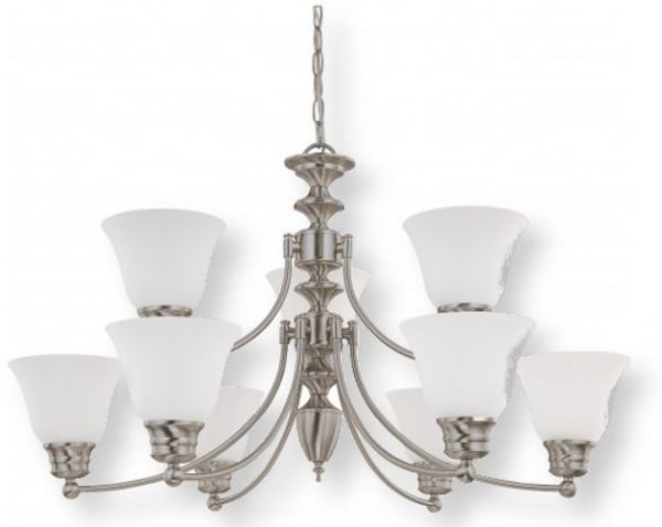 Satco NUVO 60-3256 Nine-Light Two-Tier Chandelier in Brushed Nickel Finish with Frosted White Glass Shades, Empire Collection; 120 Volts, 60 Watts; Incandescent lamp type; Type A19 Bulb; Bulb not included; UL Listed; Dry Location Safety Rating; Dimensions Height 18 Inches X Width 32 Inches; 72 Inch Chain; Weight 10.00 Pounds; UPC 045923632563 (SATCO NUVO603256 SATCO NUVO60-3256 SATCONUVO 60-3256 SATCONUVO60-3256 SATCO NUVO 603256 SATCO NUVO 60 3256)