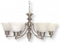 Satco NUVO 60-356 Six-Light Brushed Nickel Chandelier with Alabaster Bell Shades, Empire Collection; 120 Volts, 60 Watts; Incandescent lamp type; Type A19 Bulb; Bulb not included; UL Listed; Dry Location Safety Rating; Dimensions Height 14 Inches X Width 26 Inches; 48 Inch Chain; Weight 9.00 Pounds; UPC 045923603563 (SATCO NUVO60356 SATCO NUVO60-356 SATCONUVO 60-356 SATCONUVO60-356 SATCO NUVO 60356 SATCO NUVO 60 356) 